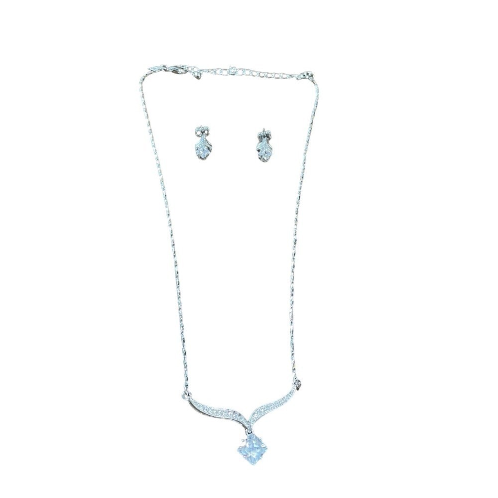 Silver Tone Necklace and Earrings Set‎ Square Cubic Zirconia Jewelry